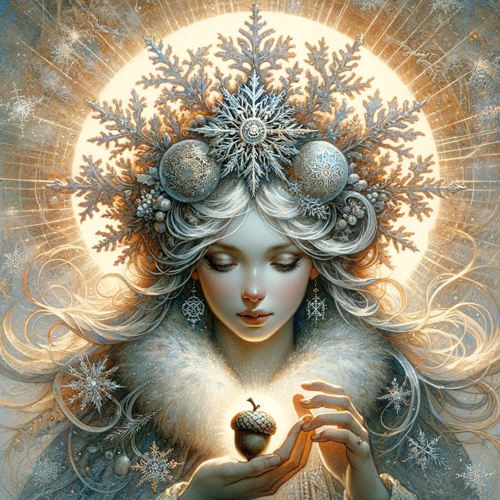 Winter Goddess with Acorn, 1800s Postcard Style