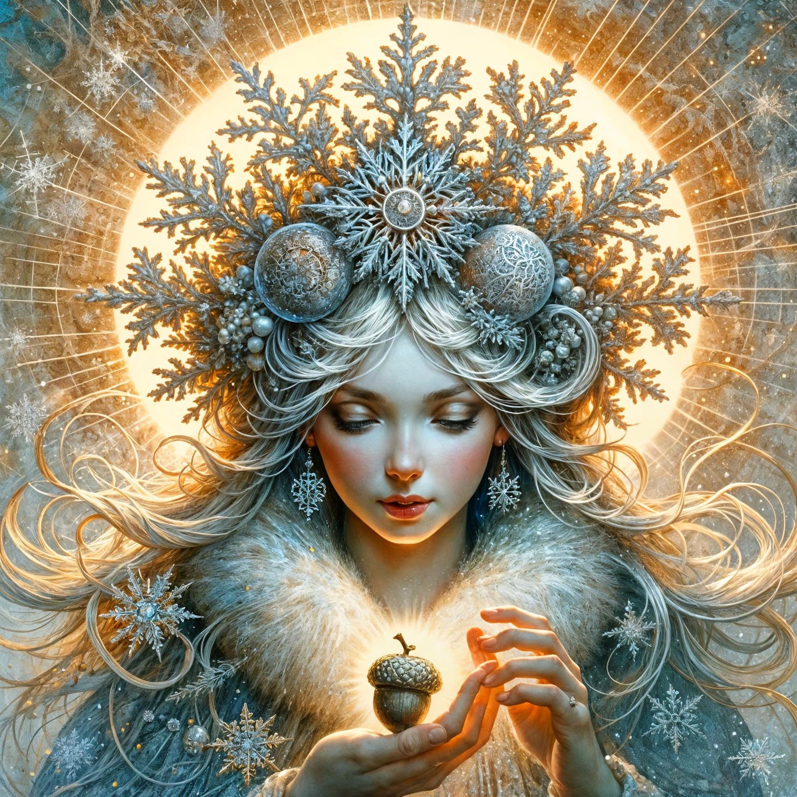 Winter Goddess With Acorn, Radiating Warmth in Watercolor St...