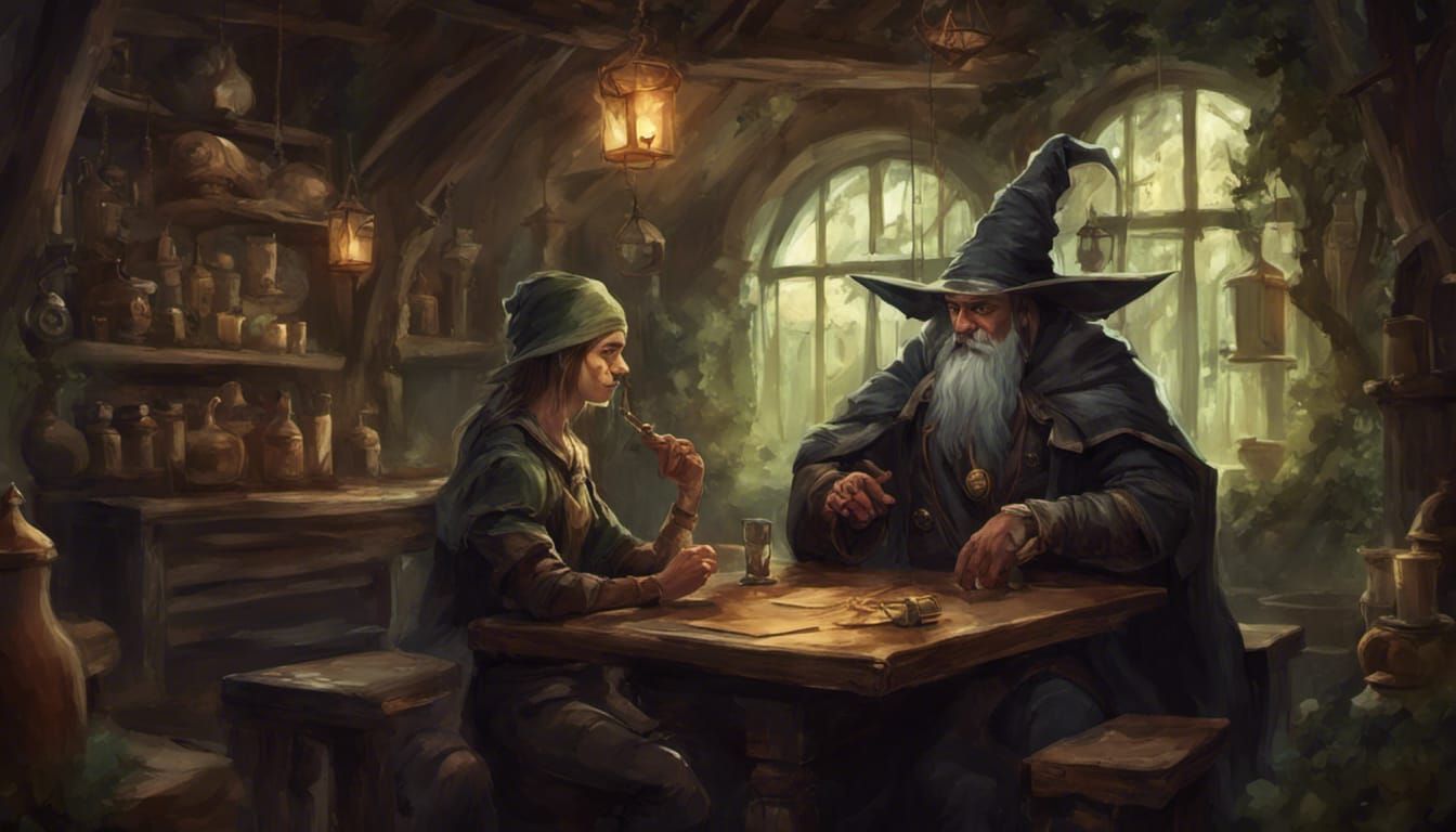 forest wood elf thief sitting with a wizard in a fantasy tav...