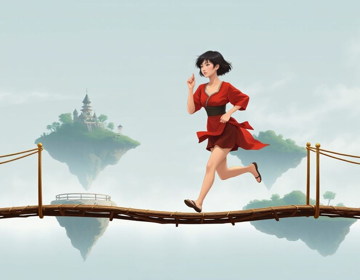 Thai Kunoichi Running Across Bridge Between Floating Islands