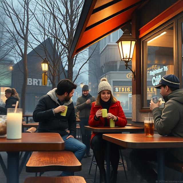 Sharing hot drinks at an outdoor café on a chilly evening.