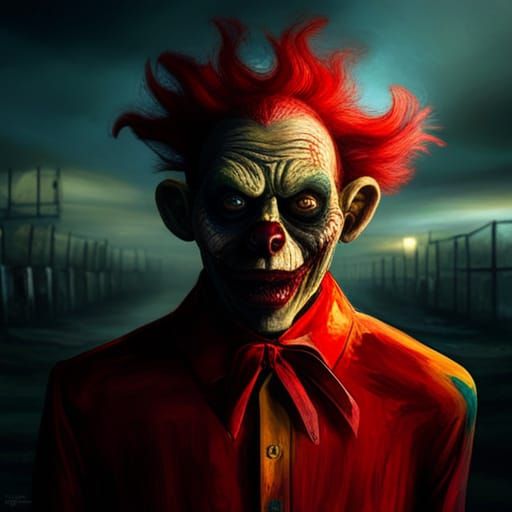 Zombie Monkey Monster Clown Rhonda McDonald wearing a bright red and