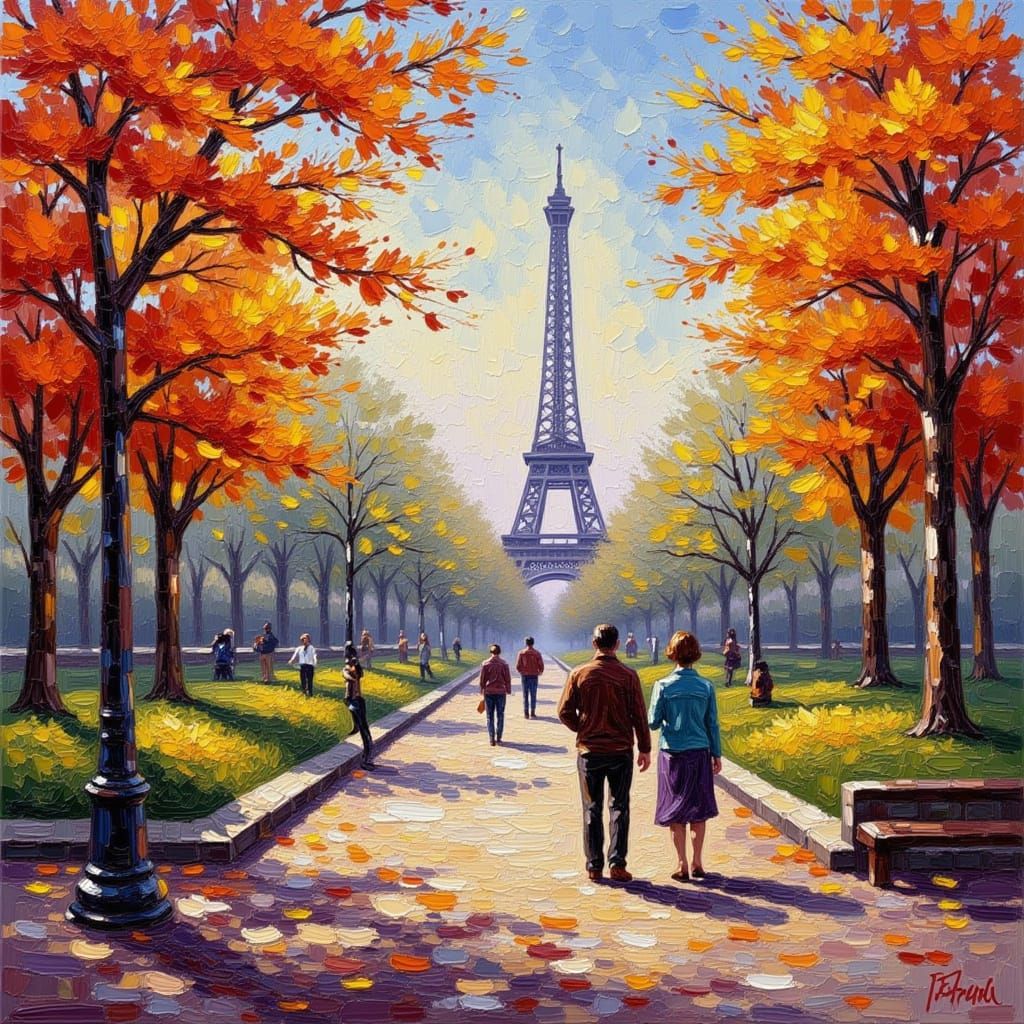 <lora:Impression Impasto:1.0> Paris park in late October — amber leaves on paths, distant Eiffel Tower, impressionist impasto technique with...