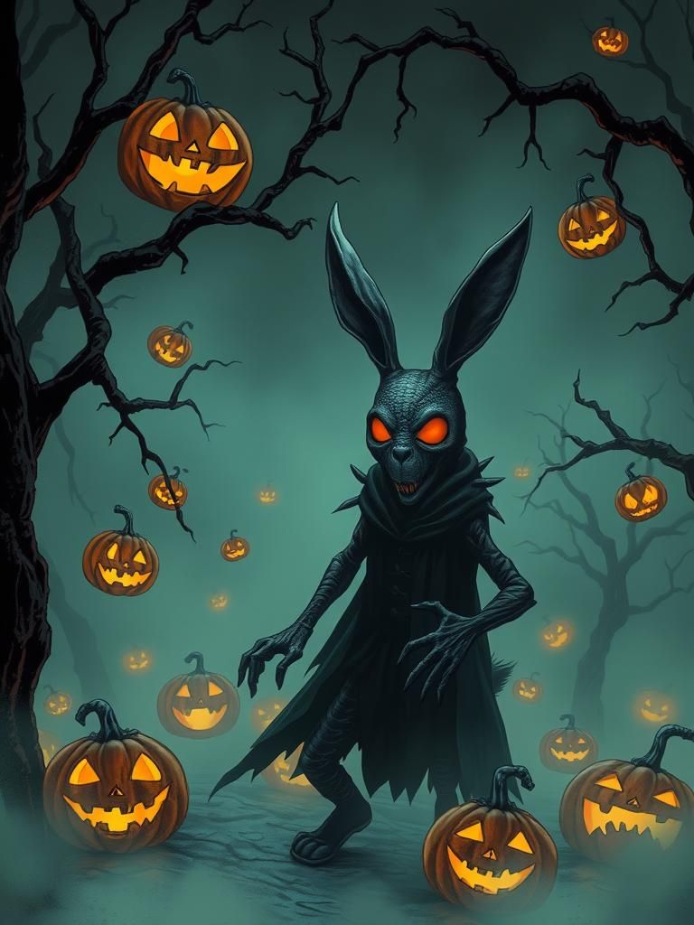 Spooky Masked Bunny in Fog with Jack-o'-Lanterns