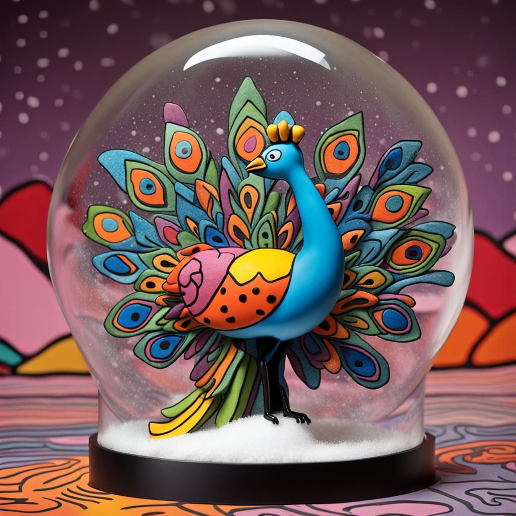 Peacock Statue in Snowglobe, Haring-Picasso-Burton Style