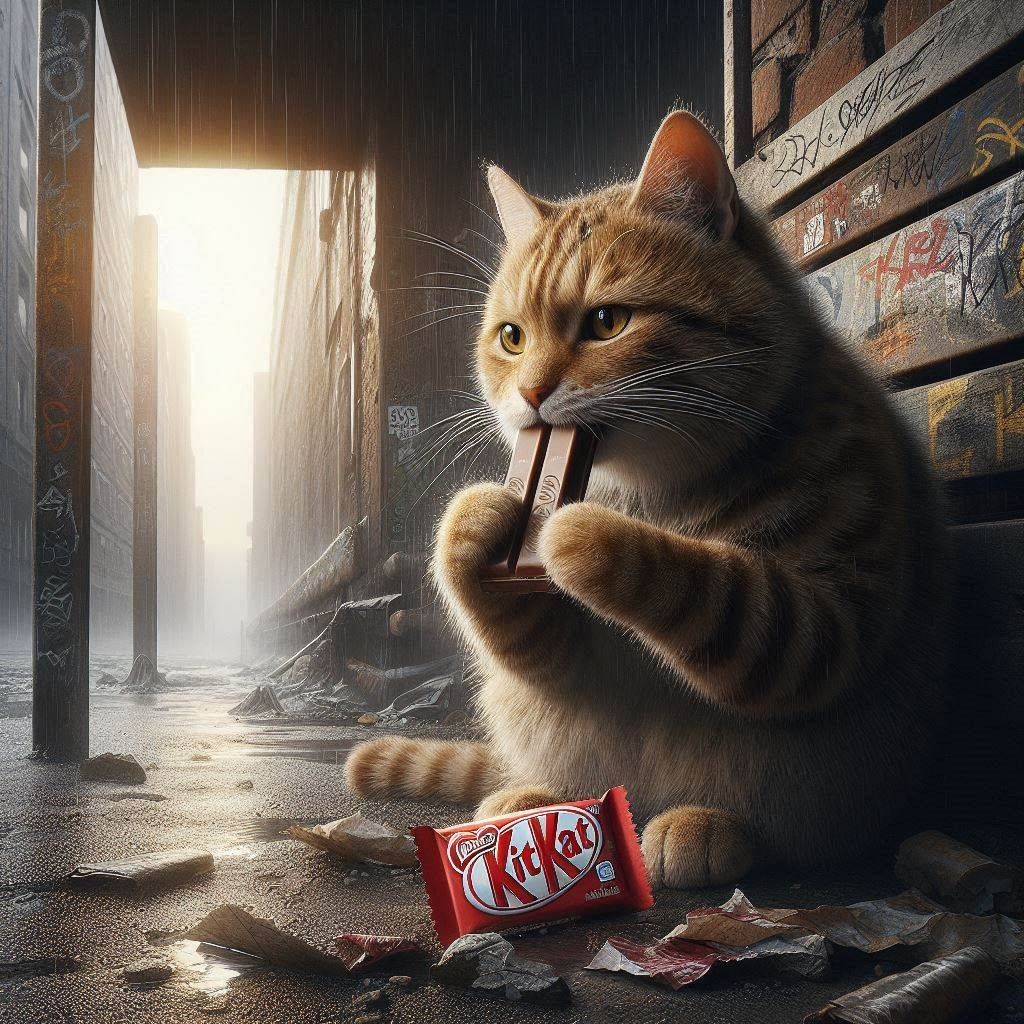 Cat eating a kit-kat