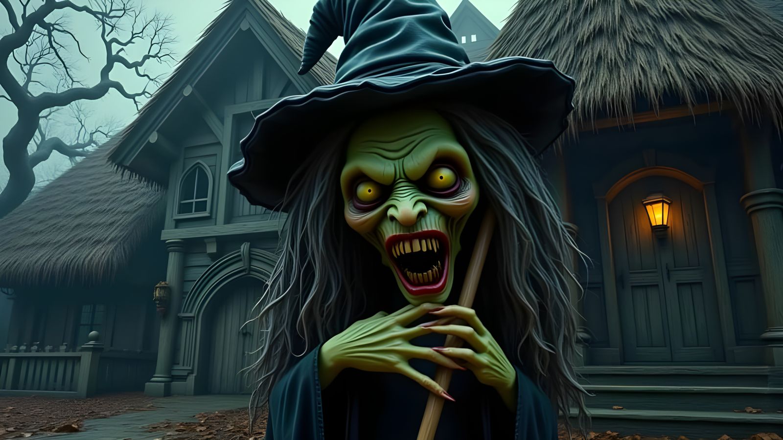 <lora:Wicked Witch:1.0> A grotesque, wizened apple witch head doll, with a twisted, emaciated face, wearing a tattered, pointed witch's hat,...