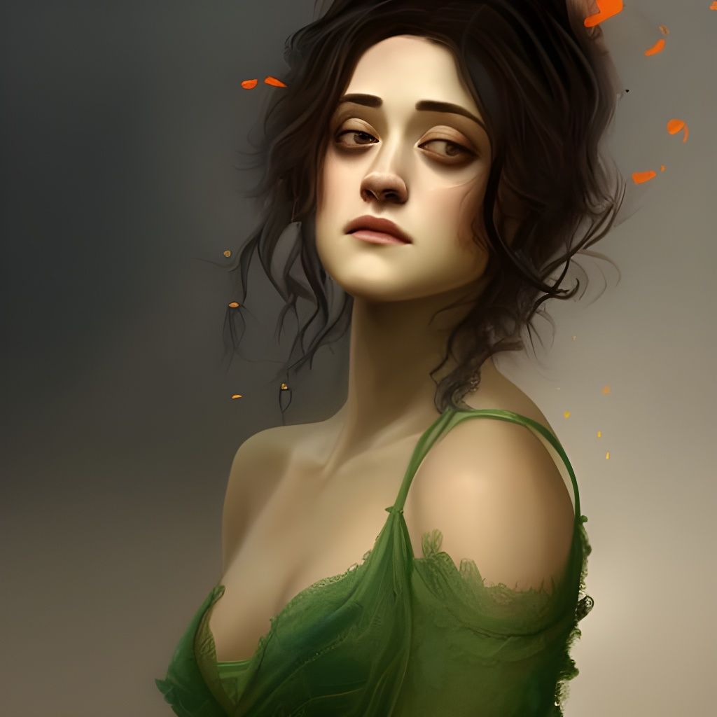 Emmy Rossum, Black Hair, Grey eyes, Green, Orange, Dress, la...