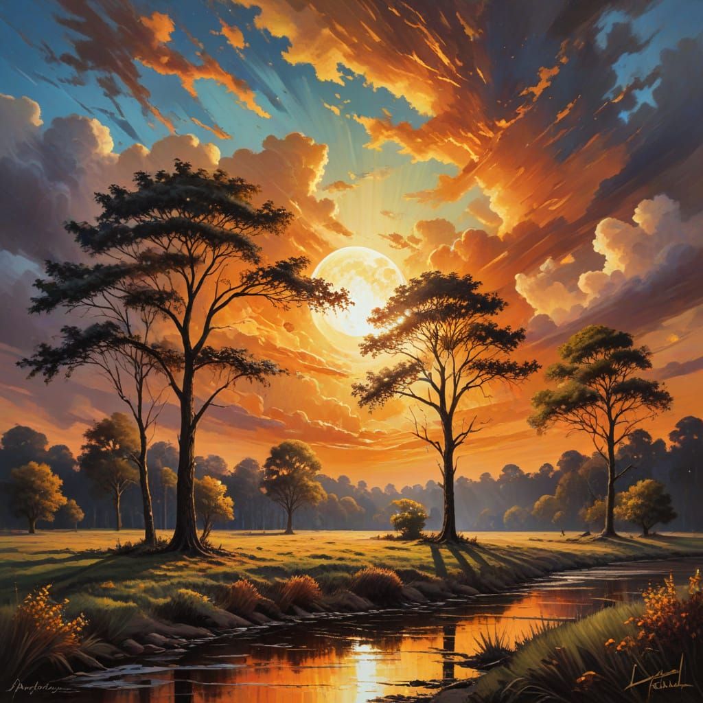 Majestic Solar Eclipse in Oil Painting Style
A wide shot of a solar eclipse in a vibrant oil painting ...  by @GRAZYNA-BARBARA