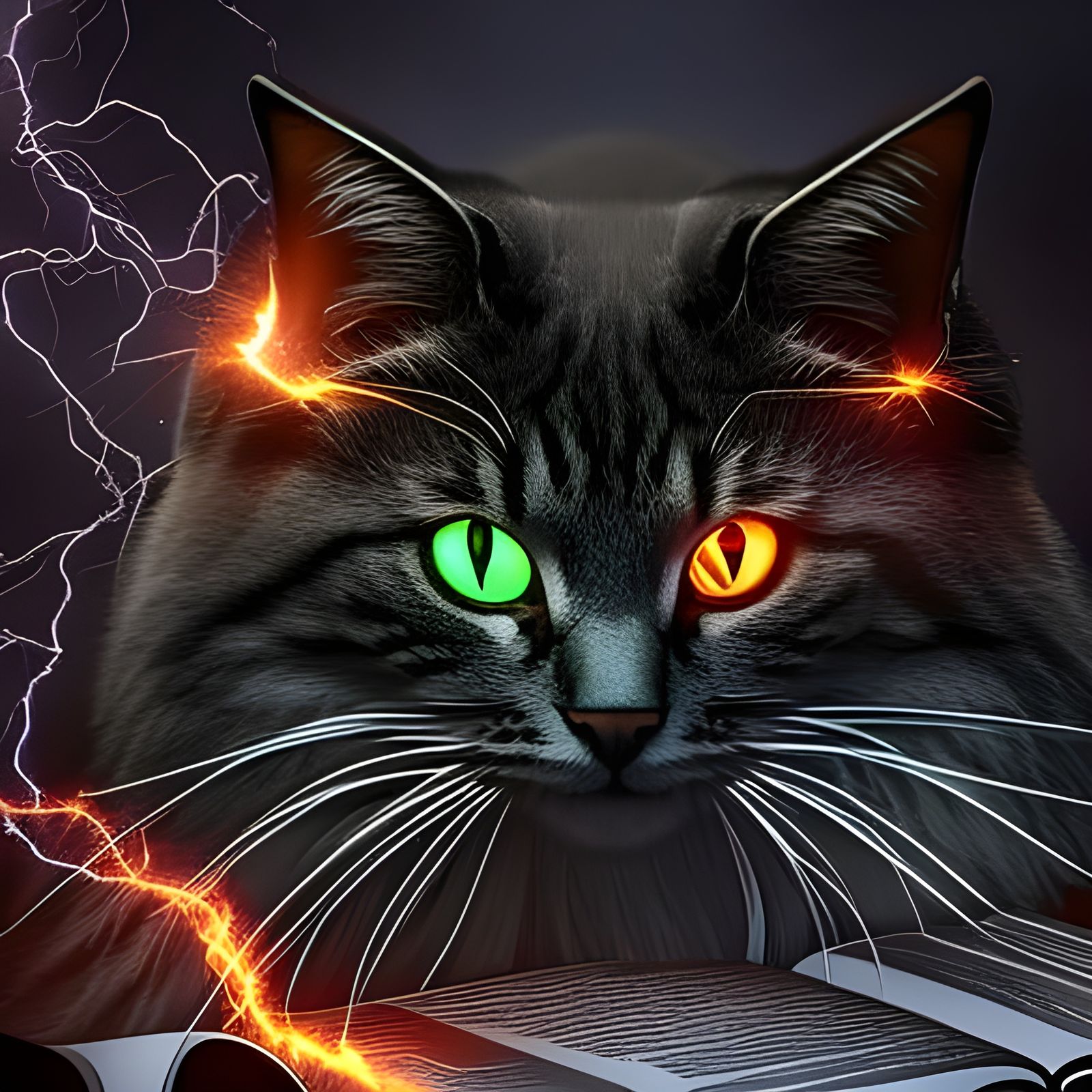 Green-Eyed Cat with Magic Book, Dark Fantasy Art