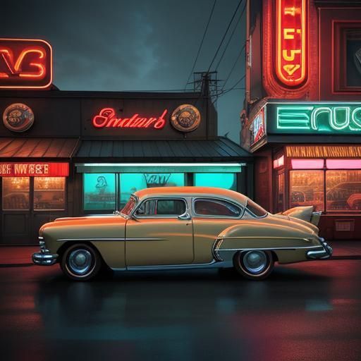 1950's street scene, classic cars parked in front of old din...