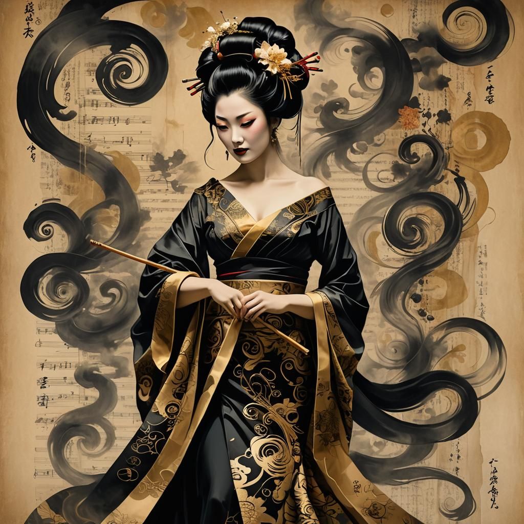 geisha stunning, surrealism surrealism on burnt paper sheet ...