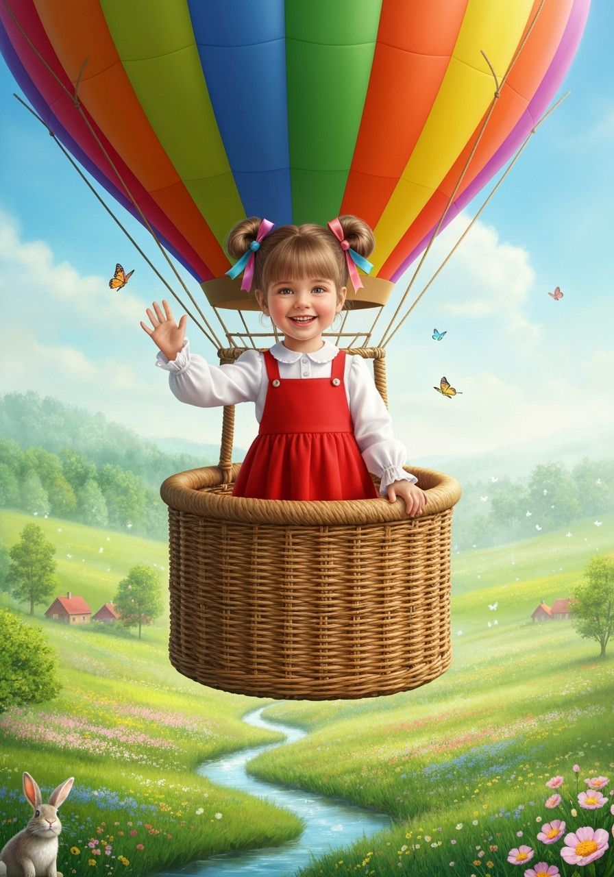 Girl in Rainbow Hot Air Balloon Illustration