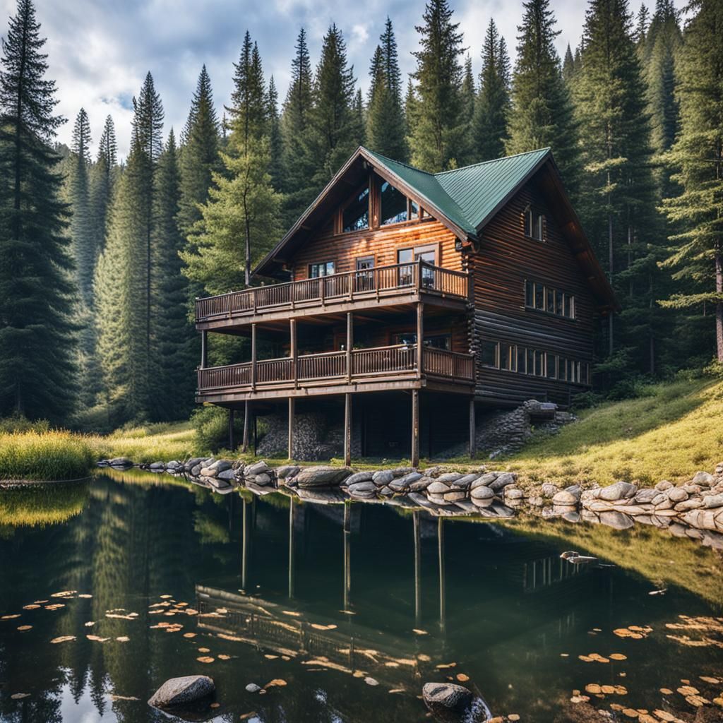 3 story Cabin in the mountains overlooking a forest. Pond. - AI ...