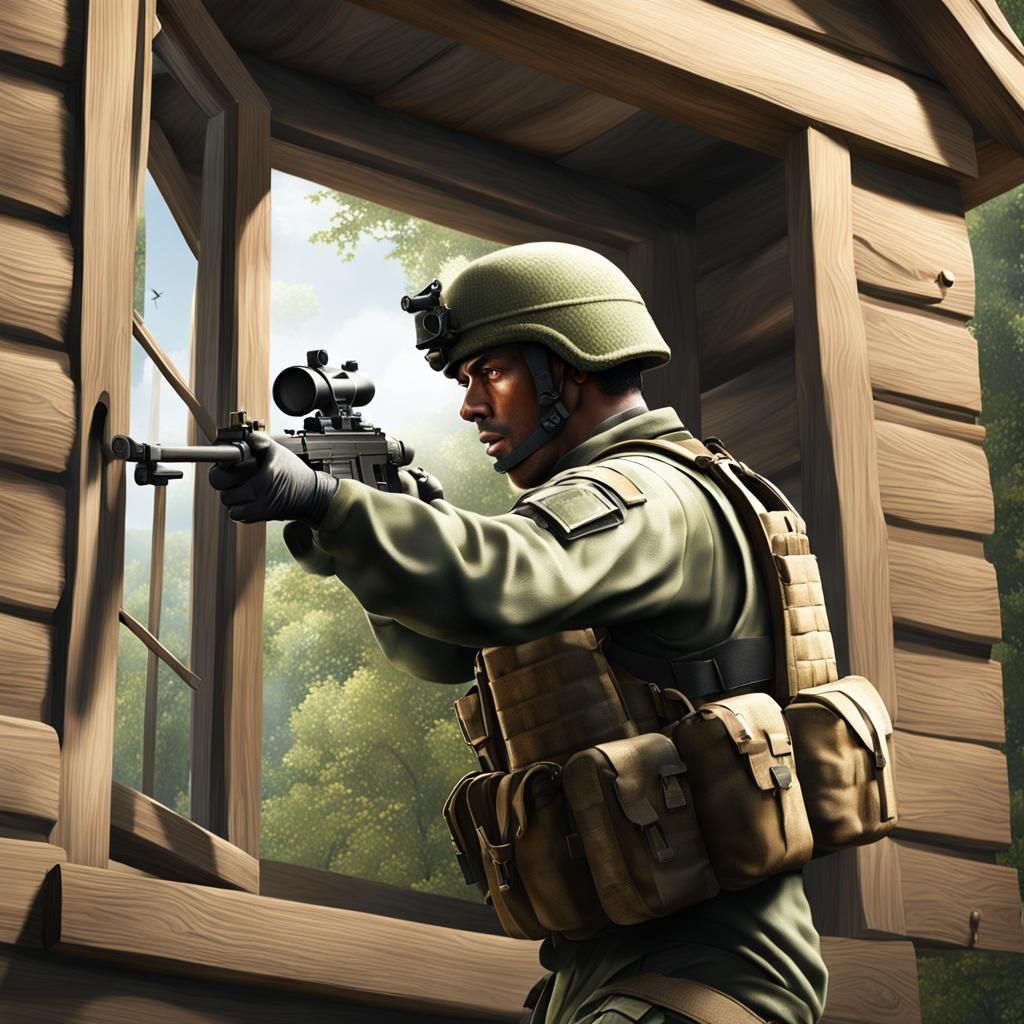 A soldier near a forest shack