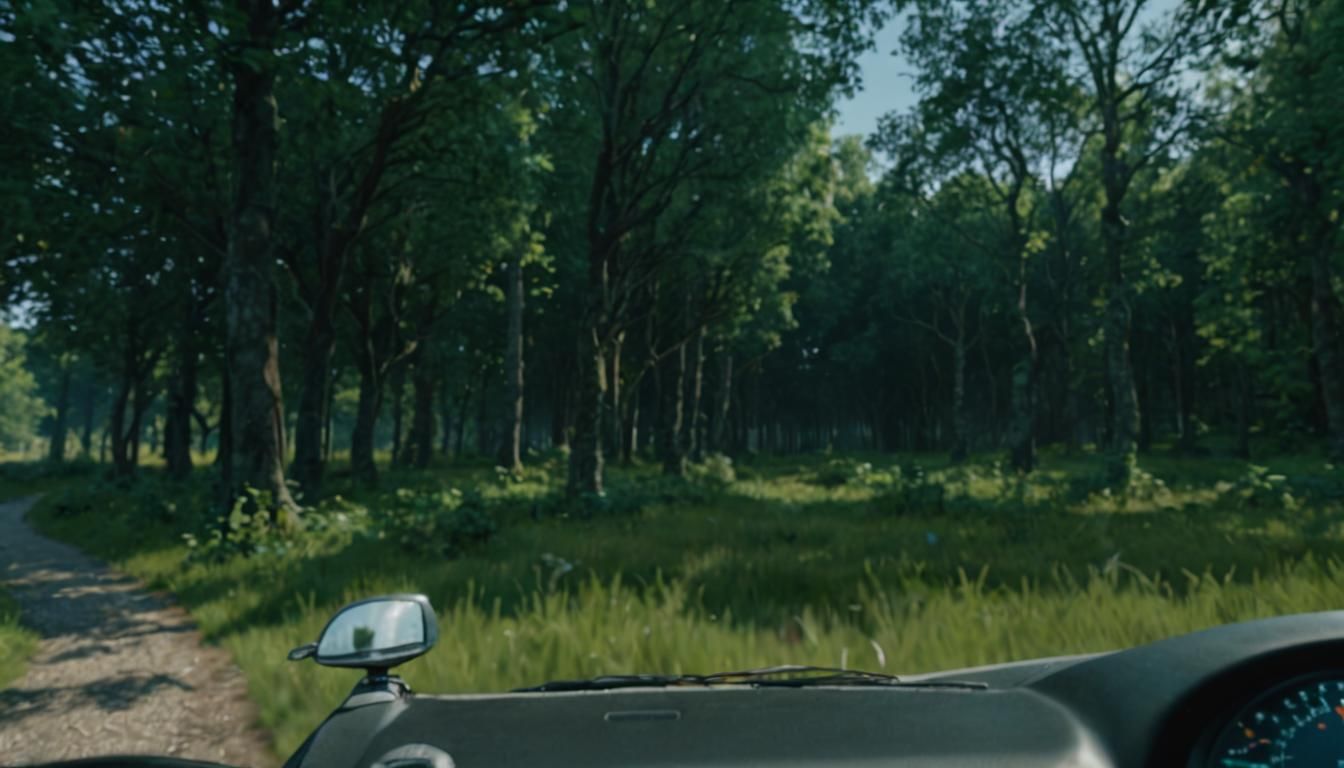 hyper realistic point of view form a car amidle camp and forest