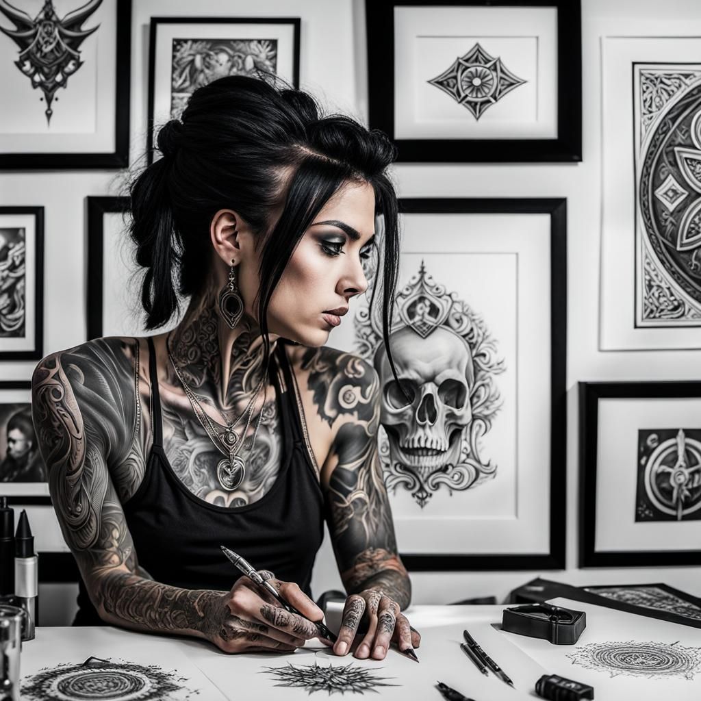 A  gothic tattoo artist drawing pencil sketches of tattoo designs. There are tattoo designs in frames ...  by @Skyangel