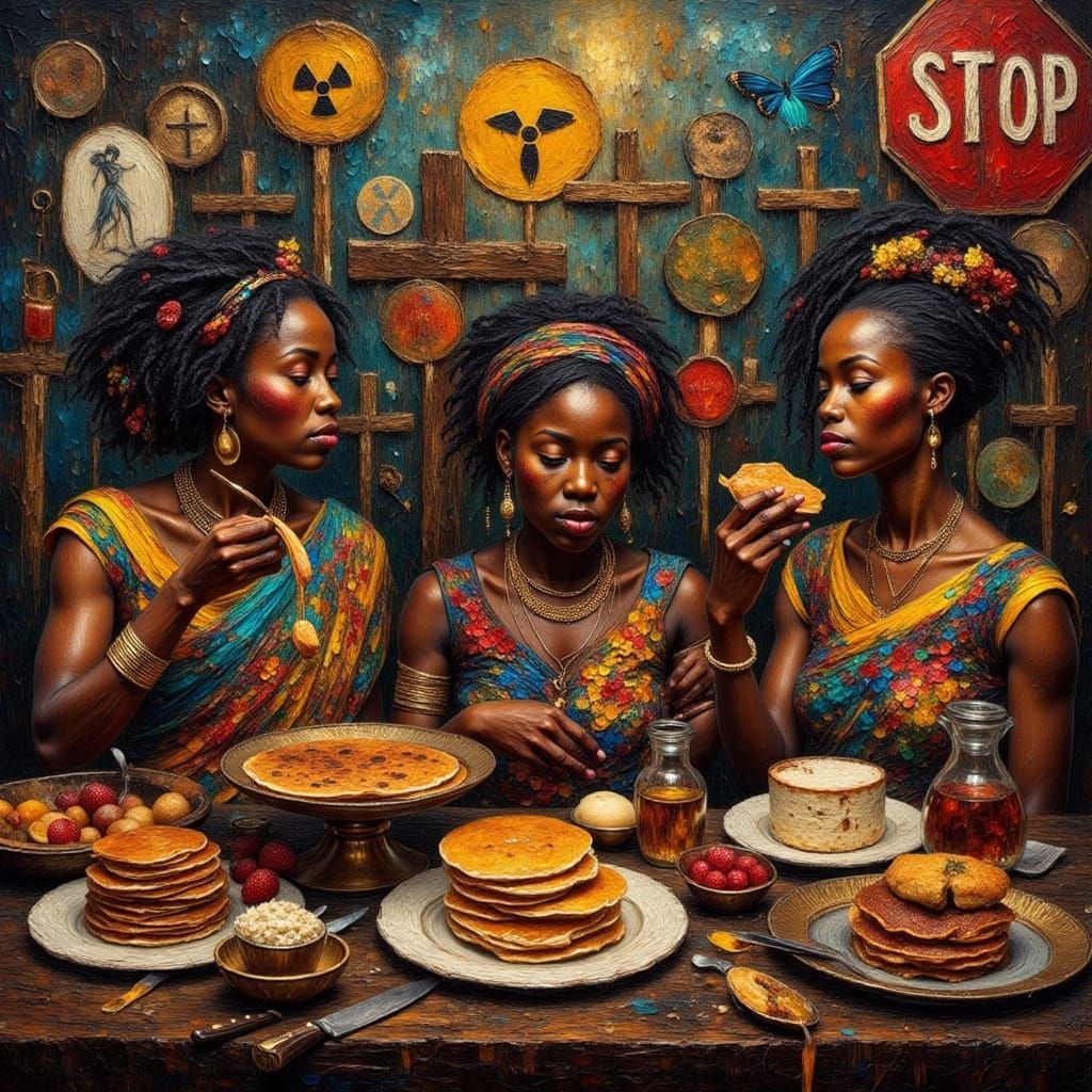 Vibrant Women Share Pancakes Amidst Christian Symbols and Wa...