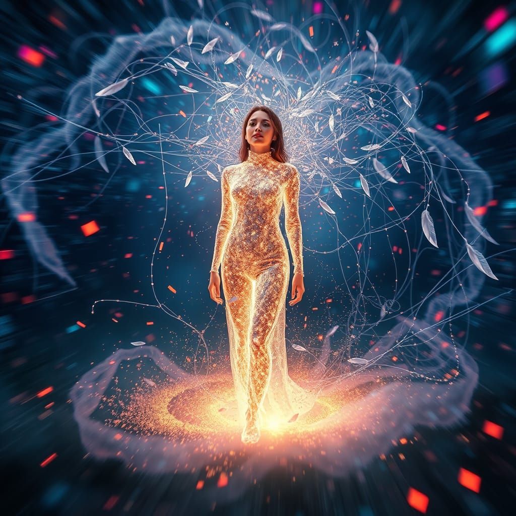 A person standing in the center of a digital storm — their body transforming into data particles, feathers, ...  by @June Hazel