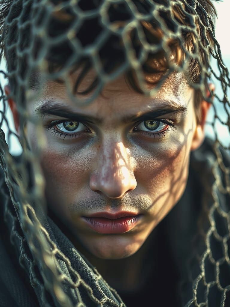 Intense Green Eyes of a Young Fisherman in Dramatic Light