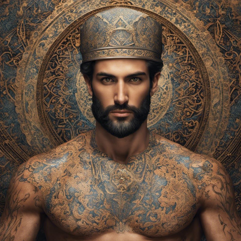 Uhd mosaic of a 3D iranian prince, 30 years old, Male, tanne...