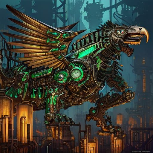 Steampunk Mechanical Tiger-Eagle in Industrial Jungle