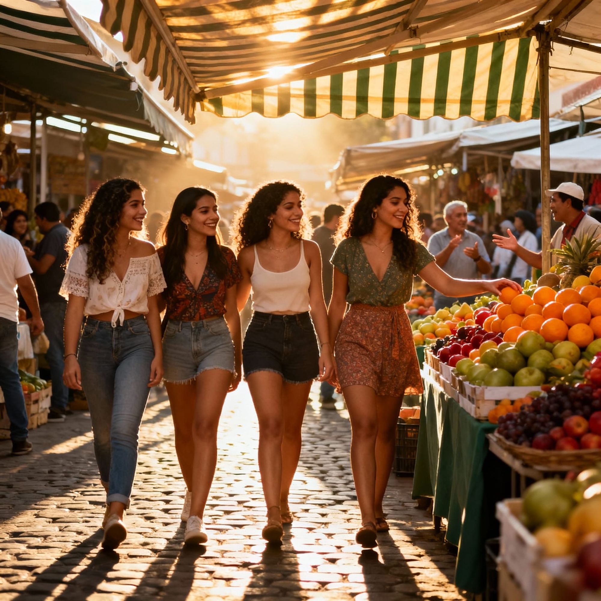 A photograph of Four beautiful Latina friends strolling side by side through a bustling open-air market, both glancing at vibrant fruit stan...