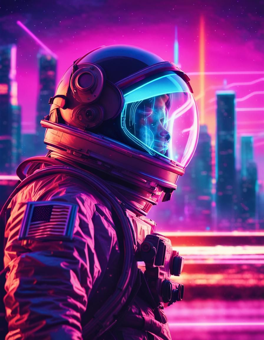 Synthwave astronaut caught in a neon storm