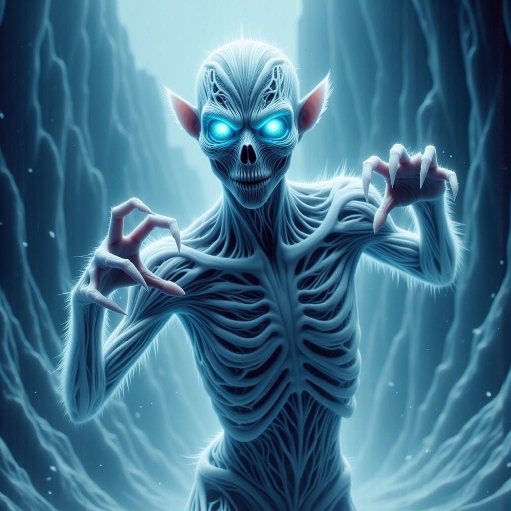 <lora:-WhiteWalker Fusion-:1.0> a White Walker hybrid alien, prancing, piercing blue eyes