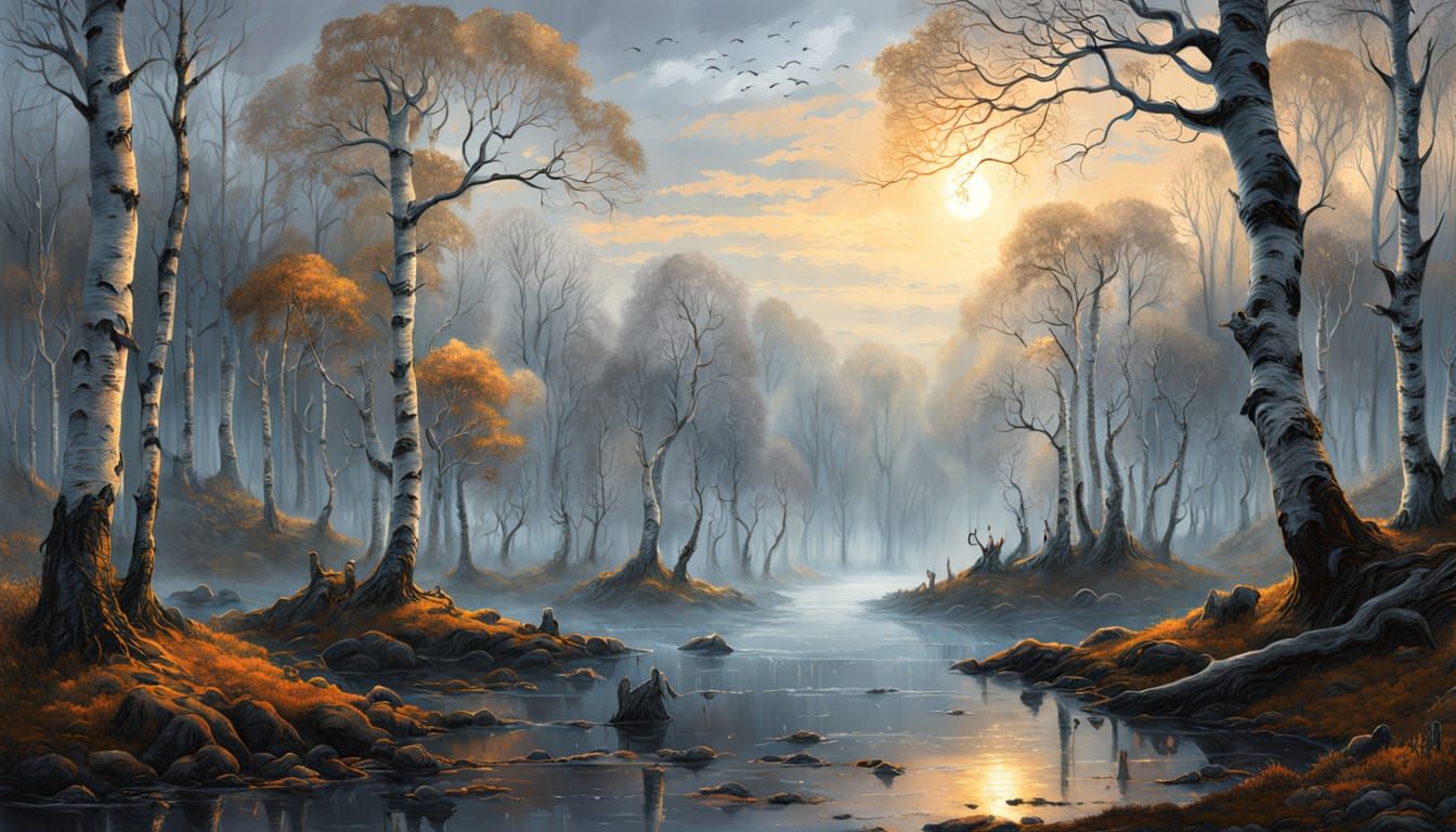 dunkles Gemälde eines Birkenhains, silberweiße Farben mit herbstlichen Laubfarben auf einer Insel am ...  by @Sima Knauff