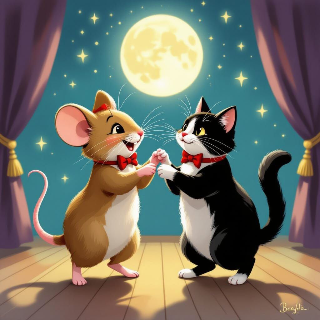 Whimsical Mouse Dances with Cat in Moonlit Ballroom