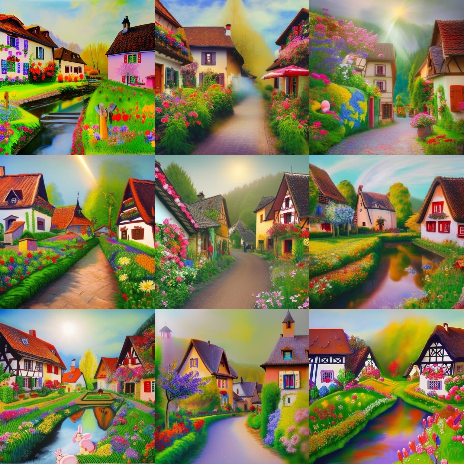 Alsatian village, traditional village, naïve style, naïve ar...