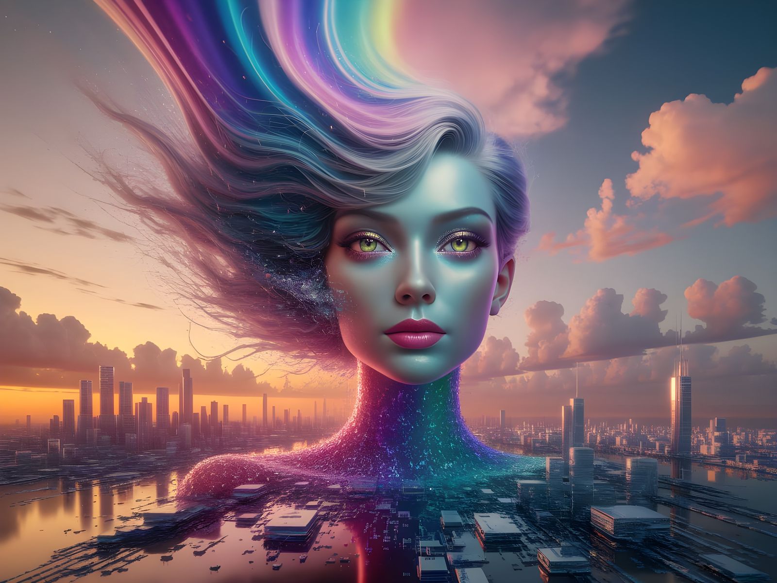 Dreamlike 3D Cityscape with Holographic Portrait