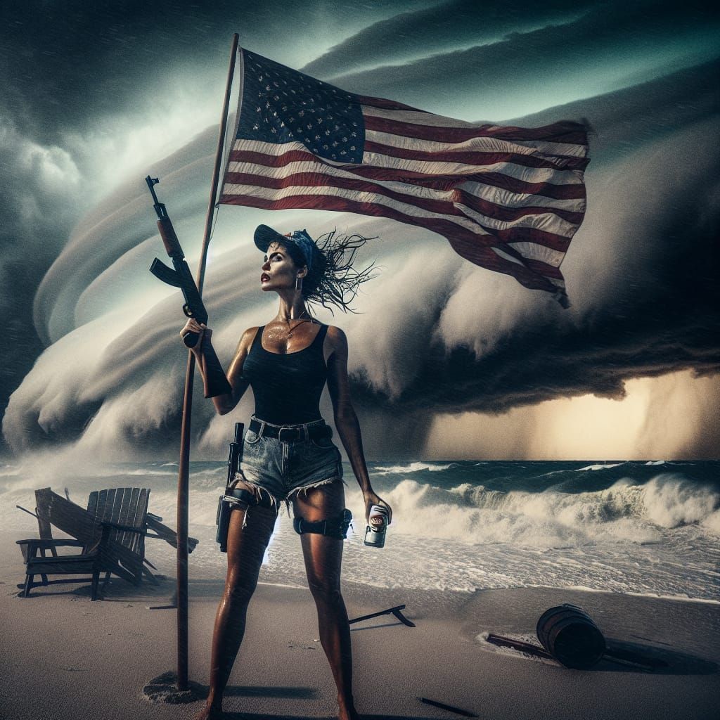 Florida Woman on a stormy beach shouting at incoming hurrica...