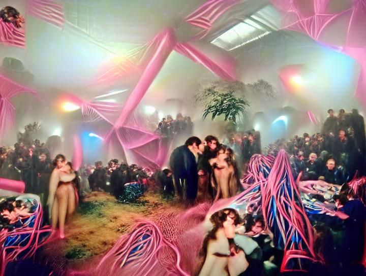 party with fog and pink lasers, chromolithograph