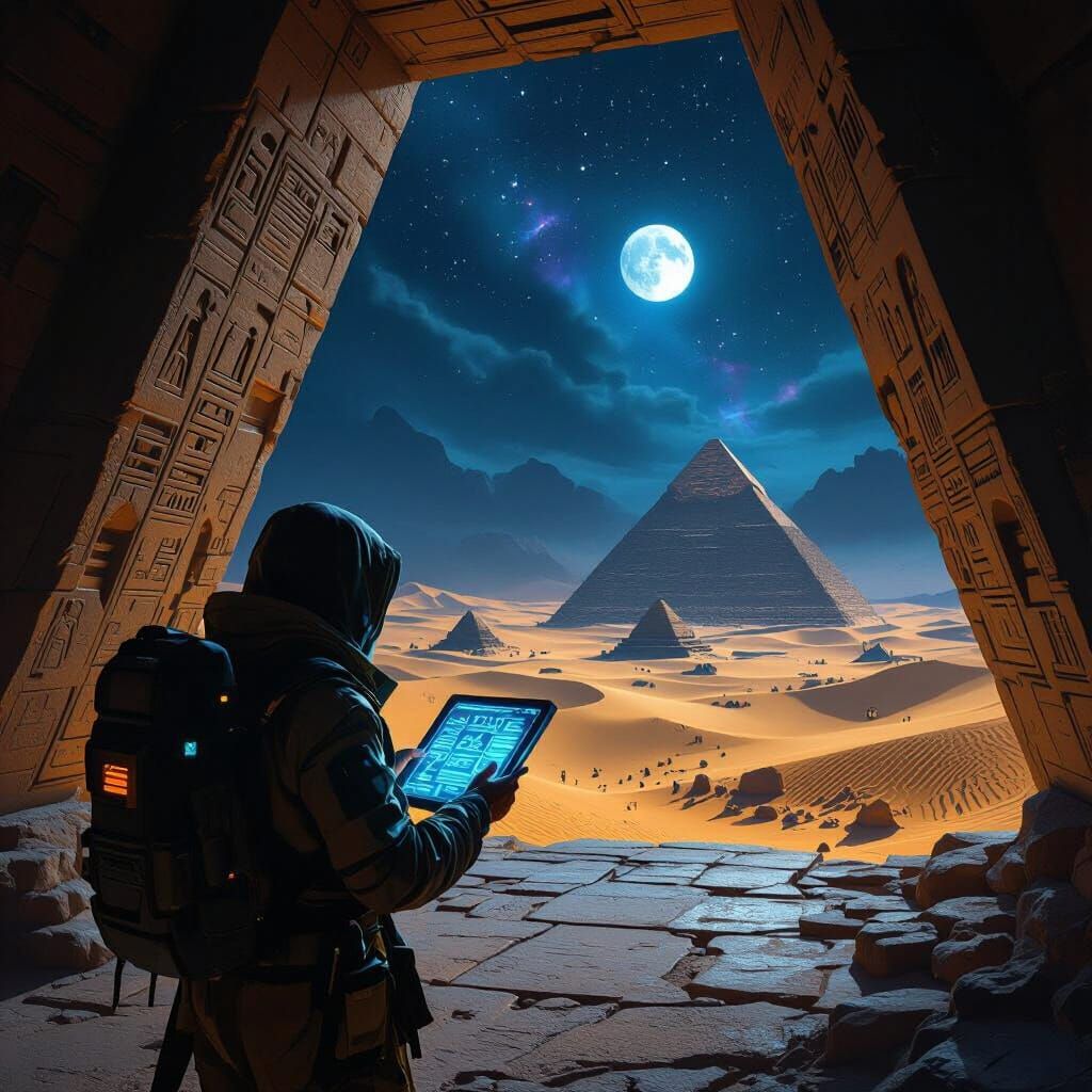 Archaeologist inside a grand, dark pyramid chamber, focused on ancient hieroglyphs. The archaeologist (detailed, wearing classic expedition ...