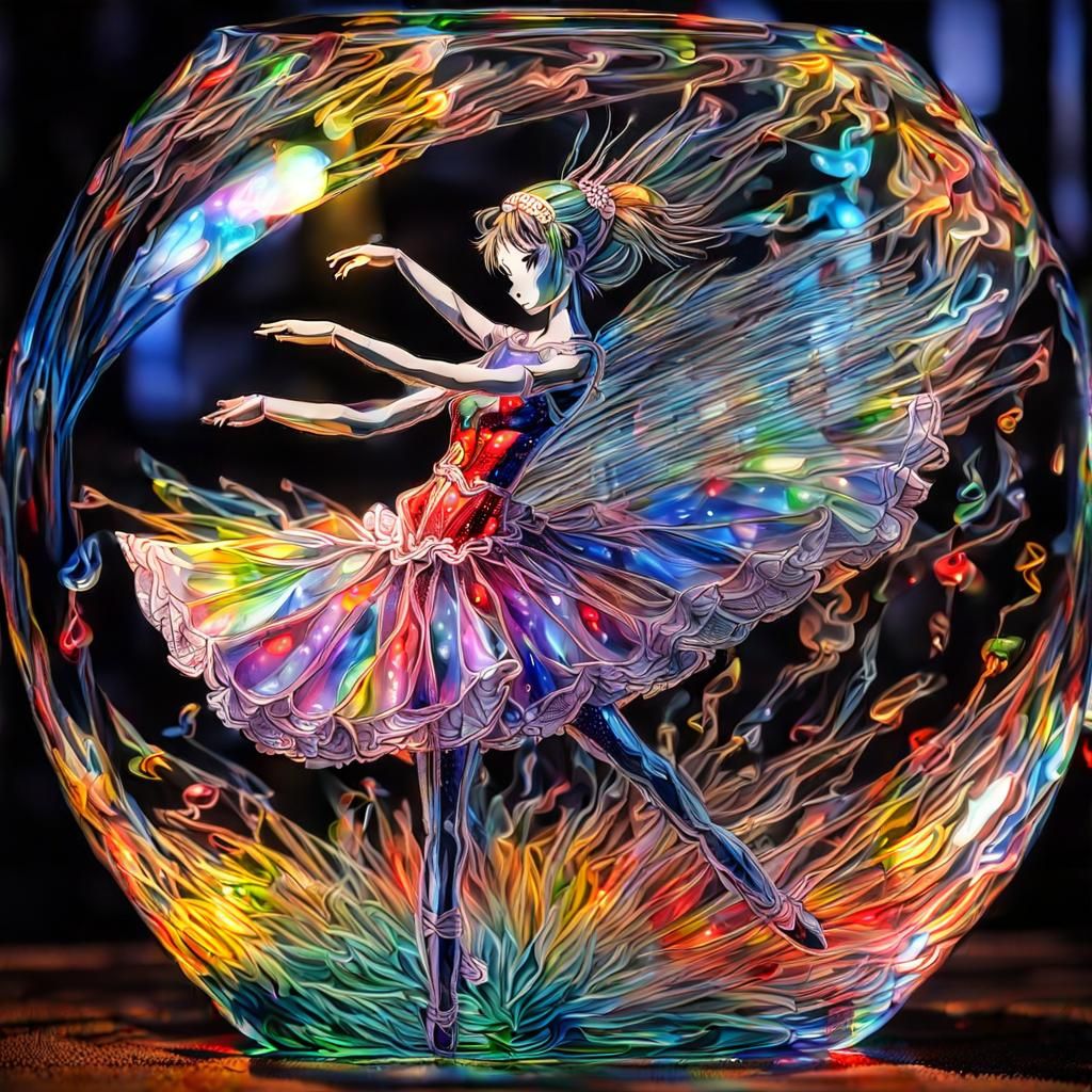 an intricate transparent glass ballerina filled with music notes and vibrant colors depicted the love of music