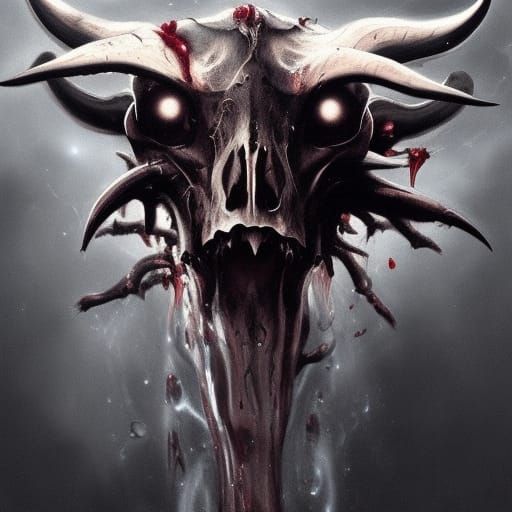 A goat skull bleeding a black ooze with fire coming out of t...