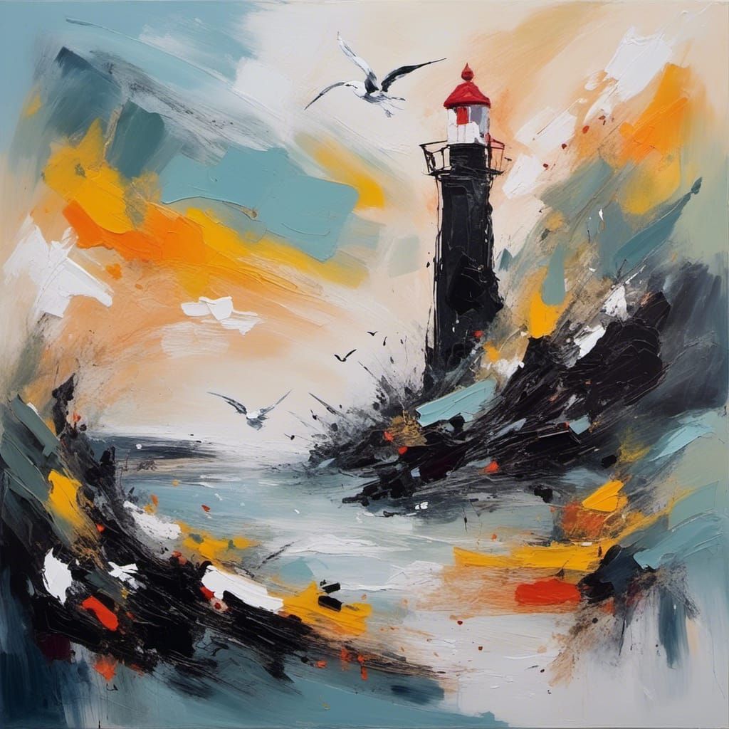 <lora:Lyrical abstraction:0.5>  A lighthouse on a still calm sea, sea cliffs, sunset, seagull, lyrical abstraction, chaotic vibrant energy 