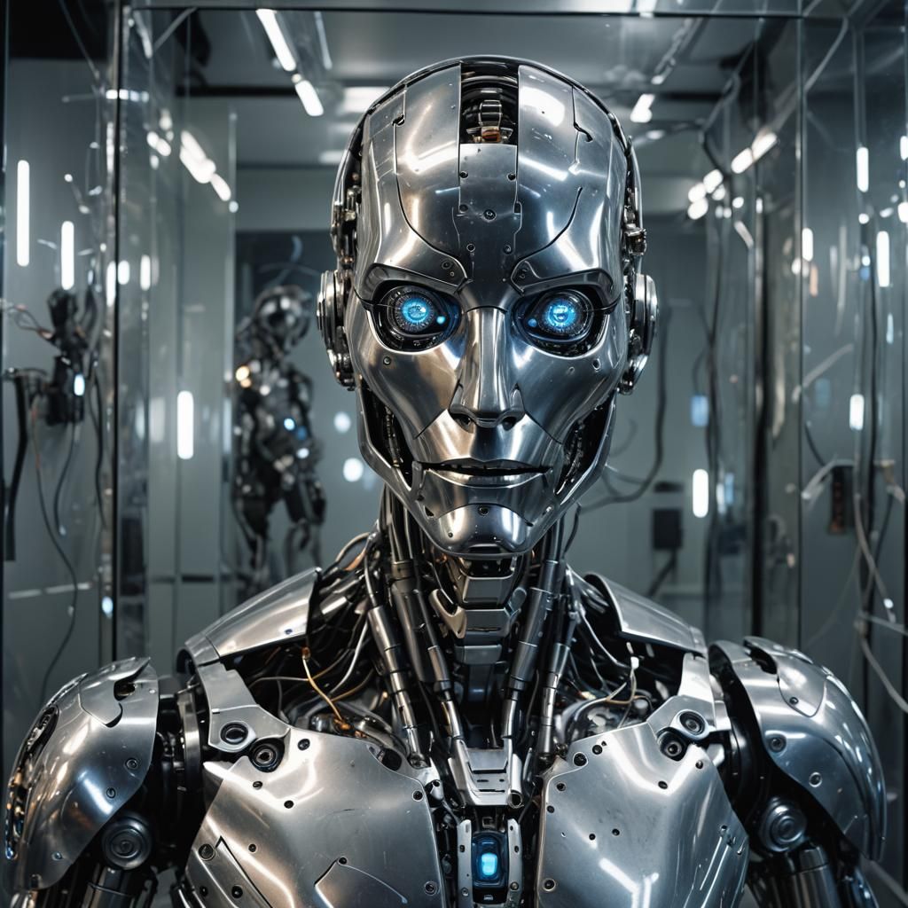 In a dimly lit room, a sleek, silver robot stands before a cracked mirror. And take off his human face ...  by @Solid