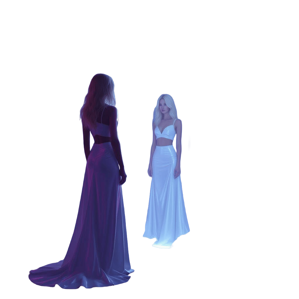 eine junge blonde frau in einerlangen weißen glänzenden Lederhose und und einem weißen gländenden Top ,  sie steht vor einem spiegel,  in de...