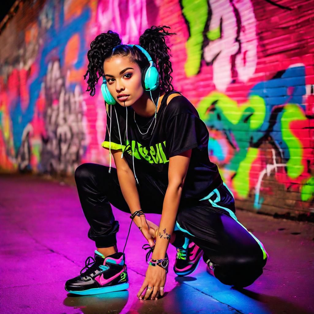 A hip hop scene with a black hair skater girl at night in th...