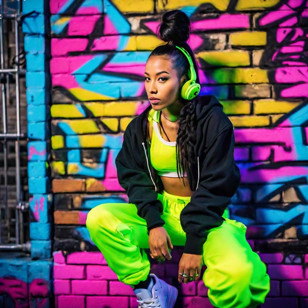 A hip hop scene with a black hair skater girl at night in th...