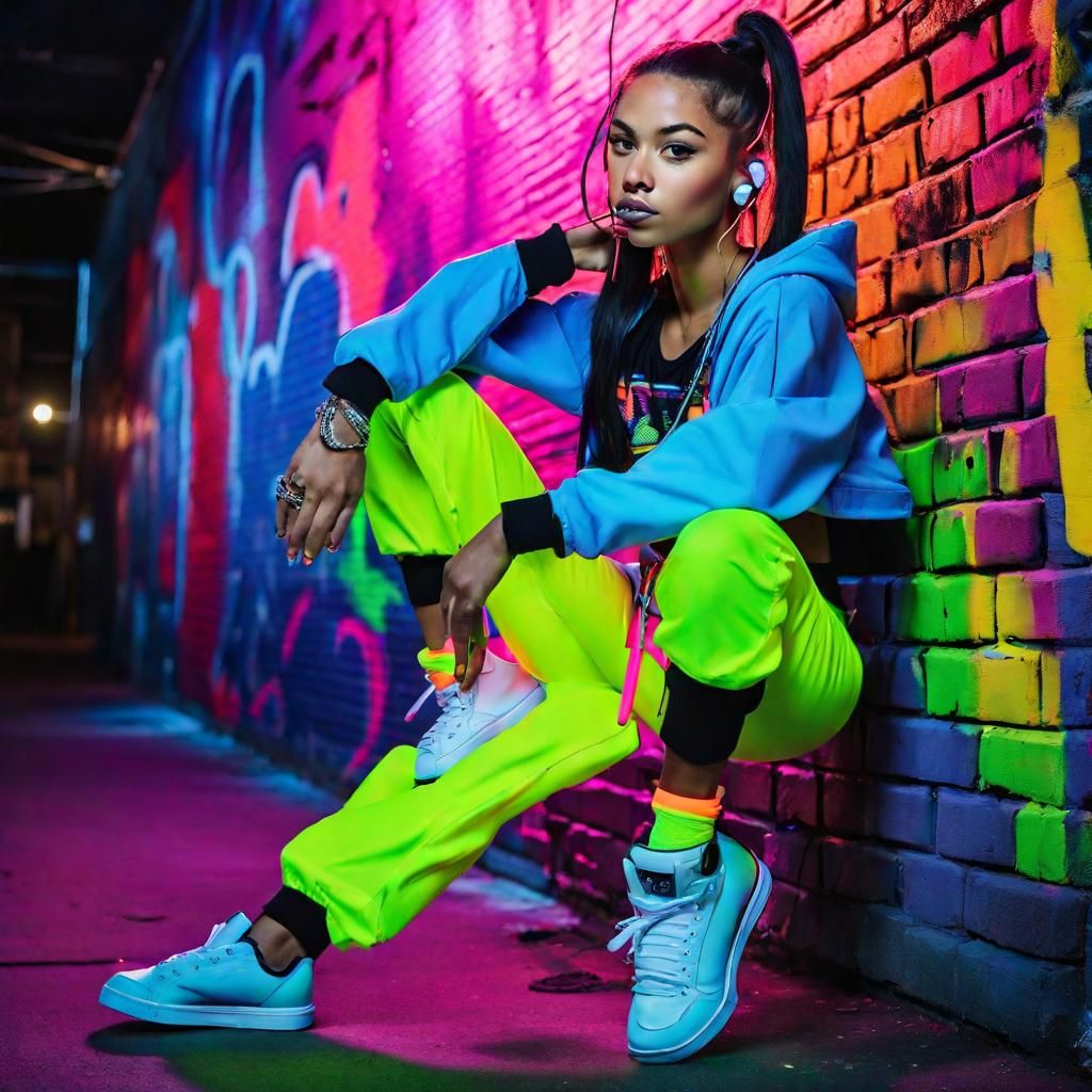 A hip hop scene with a black hair skater girl at night in th...