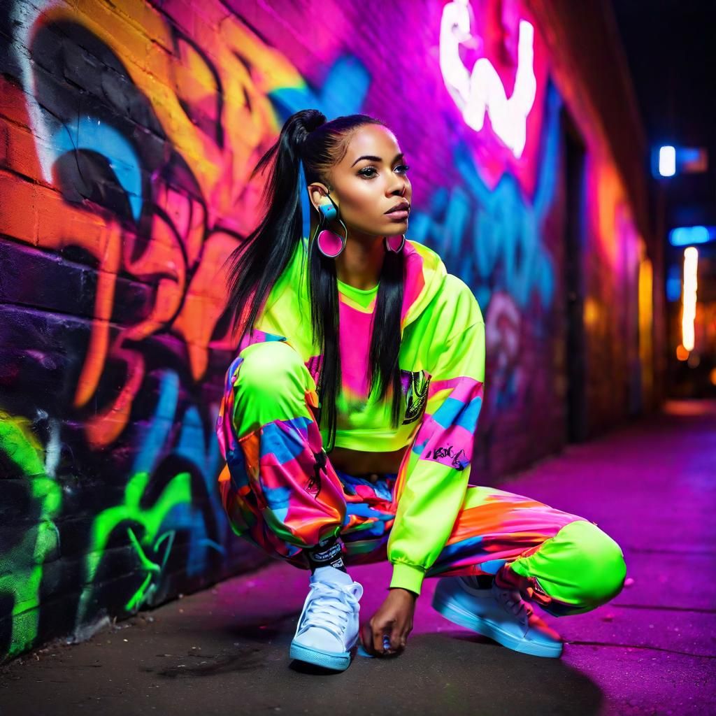 A hip hop scene with a black hair skater girl at night in th...