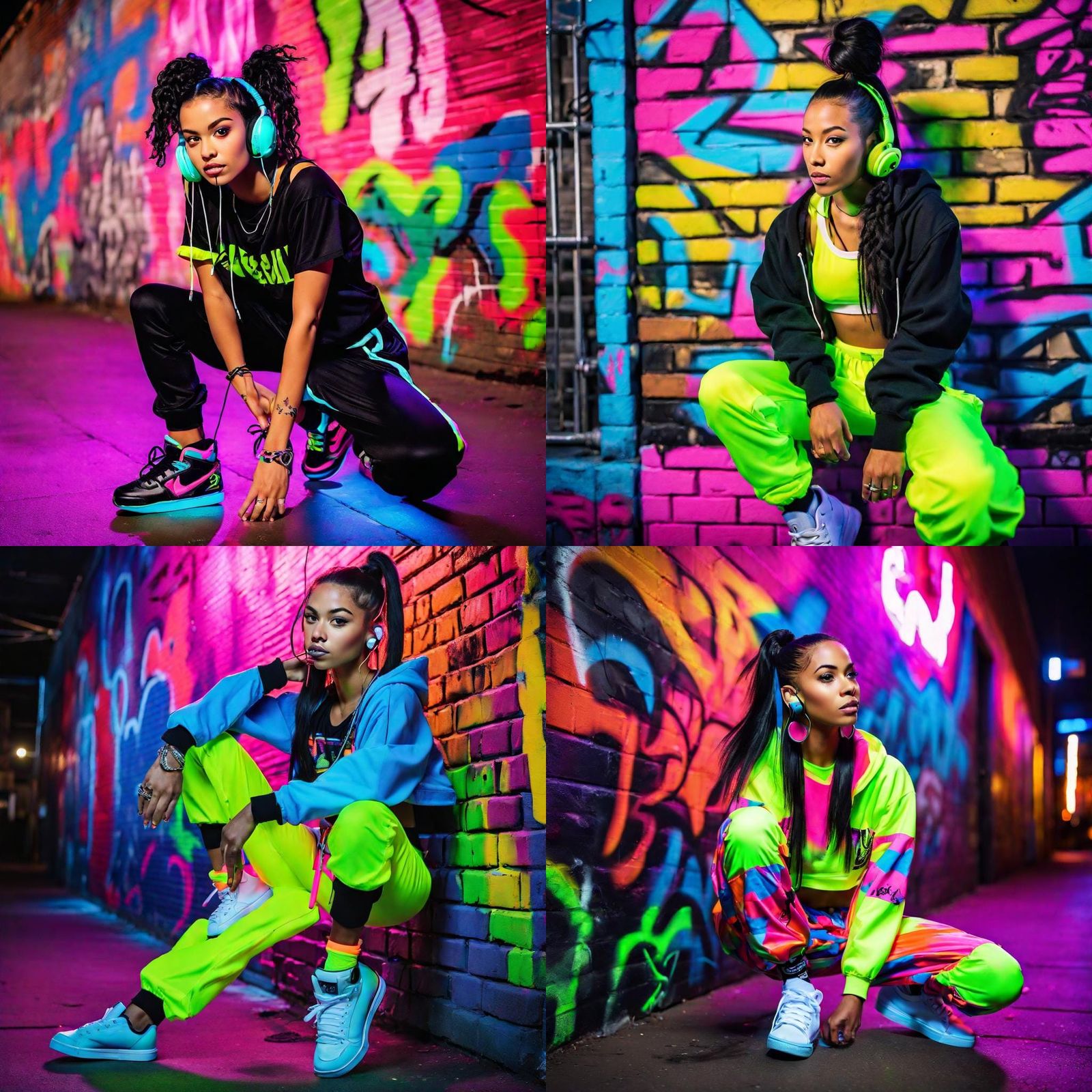 A hip hop scene with a black hair skater girl at night in th...