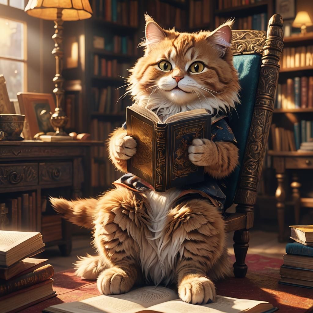 Cute Cat Reading Book: Fantasy Concept Art