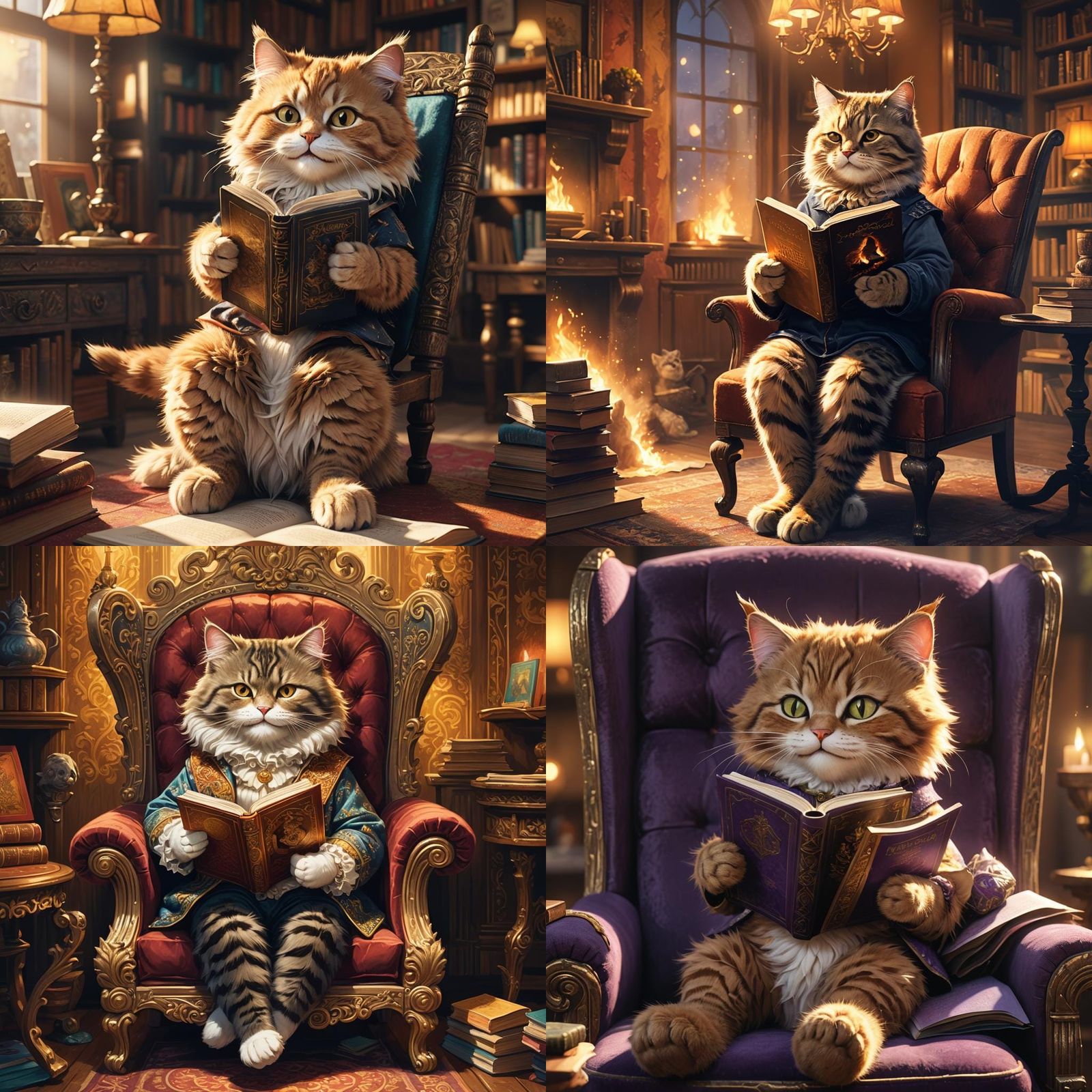 Fluffy Cat Reading a Book: Detailed Matte Painting