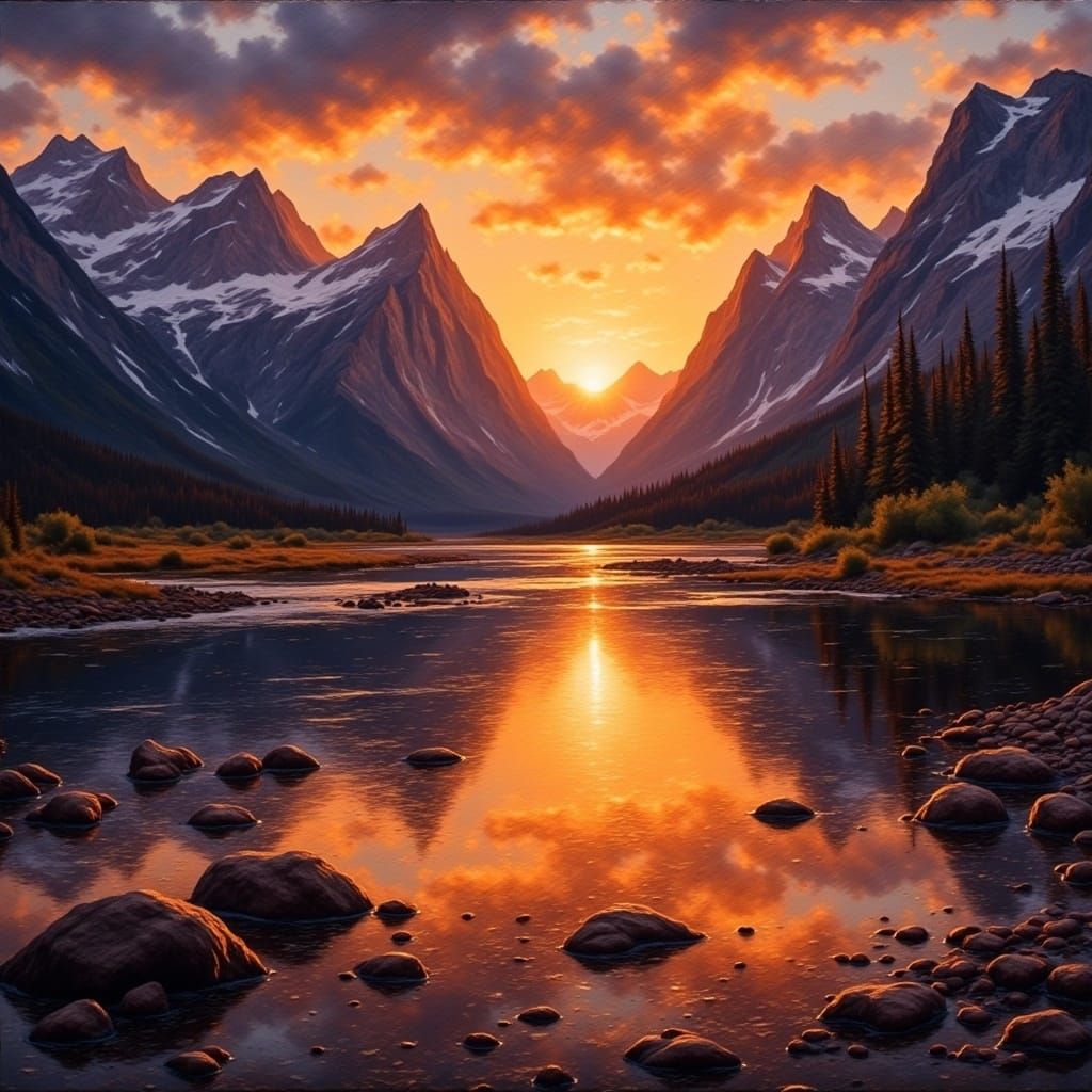  <lora:Grungy Oil Paintings:1.0> Grungy oil painting of an awe-inspiring rocky mountain flyfishing sunset