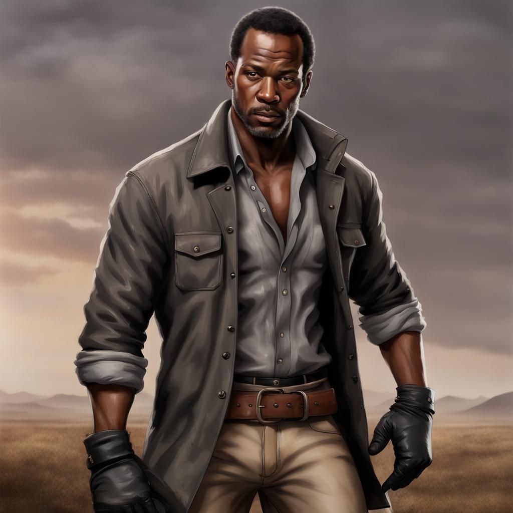 Male adventurer, African, handsome, in his 40s, gray eyes, w...